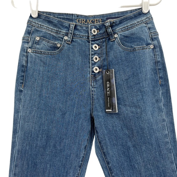 Grace in LA Denim - NWT GRACE in LA Women's Flare Leg Buttons High Rise Stretch Blue Denim Jeans 26